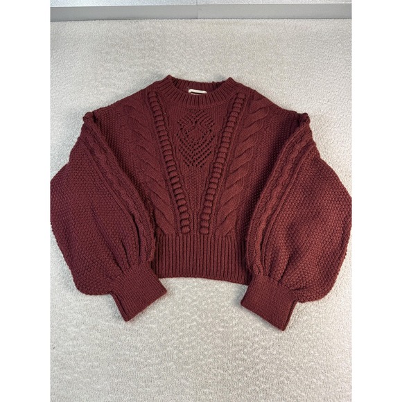 By Anthropologie Sweater Womens 3X Burgundy Cable Knit Balloon Sleeve Cropped - Picture 1 of 7